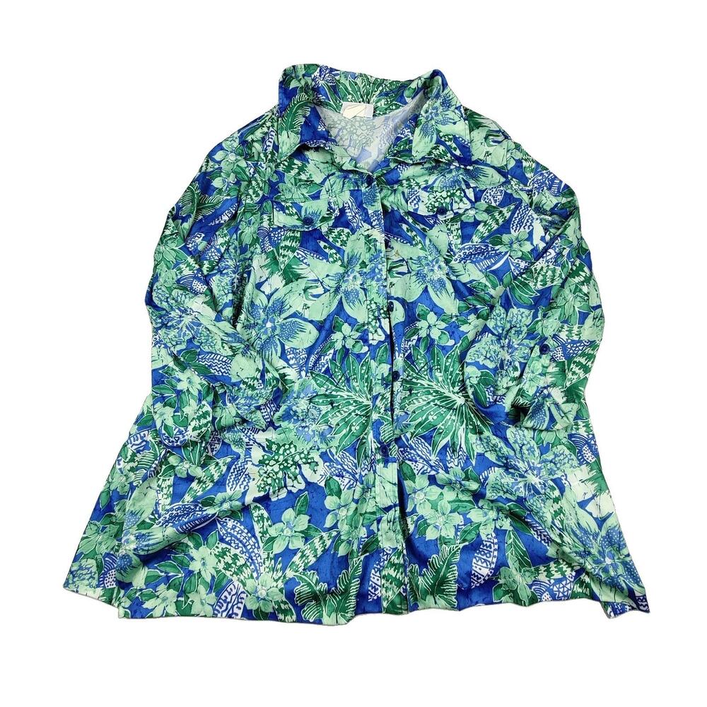 Blair Blouse Womens 3X Multicolor Floral Tropical Button Front Collared Top